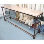 CONSOLE TABLE, with a rectangular travertine top on a metal base, 200cm L x 85cm H x 40cm D.