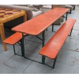 'BIER KELLER' DINING TABLE AND TWO BENCHES, Continental style,