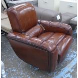 EASY CHAIR, stitched nut brown leather upholstered, revolving on a circular chrome support, 89cm W.