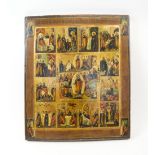 RUSSIAN ICON, a large wooden panel decorated twelve allegorical scene panels around a central panel,