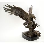 BRONZE EAGLE SCULPTURE, portrayed in flight, marble base, 52cm H overall.
