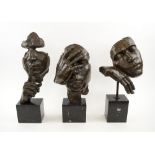 SURREALIST BRONZE TRIO, marble plinth bases, tallest 49cm H.