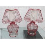 LAMPS, a pair, red metal and cage, 58cm H.