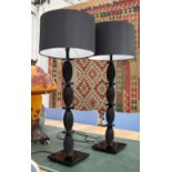 LAMPS, a pair, flock, round black shades on a square black perspex base, 65cm H.