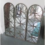 GARDEN MIRRORS, a set of three, with domed tops in grey metal frames, 40cm x 118cm.