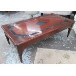 OCCASIONAL TABLE, mahogany with marble inlay on turned supports with six drawers each end,