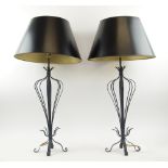 TABLE LAMPS, a pair, in pierced blue metal of bulbous form, with cylindrical black shades, 65cm H.