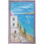 KEN DAVIES, 'Corfu' mixed media on panel, framed, signed, 122cm x 69cm.