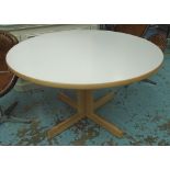 GORDON RUSSEL TABLE, circular oak with white formica top and pedestal support, 122cm diam x 72cm H.