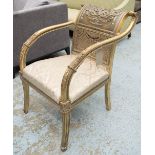 OPEN ARMCHAIR, gilt framed with caned back and decorative detail, 61cm W (with faults).