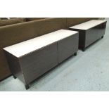 LOW CABINETS, a pair, each with white glass top and pair of lacquer doors, 120cm x 40cm x 50cm H.