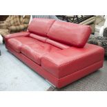ROCHE BOBOIS SOFA, red leather upholstered with adjustable back rests, 220cm x 107cm.