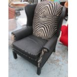 WING ARMCHAIR, traditional design with faux zebra skin upholstery, 85cm W.