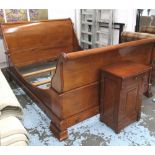 SLEIGH BED, 5ft mahogany (no mattress) plus side cabinet in mahogany with drawer and cupboard below.