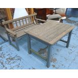 GARDEN BENCH AND TABLE, weathered and partly grey painted of slatted construction comprising bench,