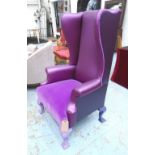 WING ARMCHAIR, upholstered in purple velvet and satin, on fabric covered cabriole supports,