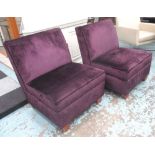 EASY CHAIRS, a pair, in a purple velvet, 85cm x 71cm x 80cm.