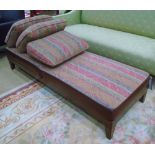 LONG FOOTSTOOL, in tanned leather with mulberry fabric to top, on square supports,