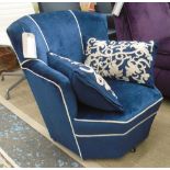 BEDROOM CHAIR, in navy blue fabric with piping on castors, with two cushions, 73cm W.