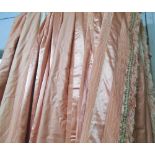 CURTAINS, three pairs, peach striped moiree lined with associated swags and tails,