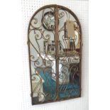 GARDEN MIRROR, with metal gates having a scrolled design, 47cm W x 79cm H.