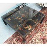 LOW TABLE, ebonised with Chinoiserie painted detail and tempered glass top, 39cm x 95cm.