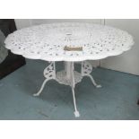 GARDEN TABLE, Coalbrookdale style, white painted on short swept feet, 123cm diam x 73cm H.