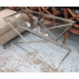 CONSOLE TABLE, with glass top of chromed metal 'x' framed support, 110cm x 50cm x 60cm H.