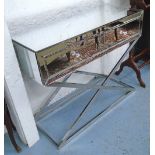 MIRRORED CONSOLE TABLE, with two drawers below on 'x' framed chromed metal base,