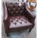 ARMCHAIR, brown leather buttoned, 80cm x 86cm x 79cm.