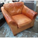 CLUB ARMCHAIR, tan leather upholstered with back and seat cushions, 103cm W.
