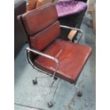 REVOLVING DESK CHAIR, Charles Eames design ribbed tan brown leather,