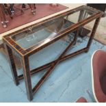 CONSOLE TABLE, 20th century rectangular macassar ebony and boxwood lined with glass inset top,