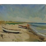 STEN ROSENDAHL (20th century Swedish), 'Boats on a beach', oil on canvas, 45.