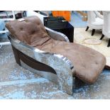 CHAISE LONGUE, Contemporary style, brown leather with chrome frame, 175cm L x 85cm H x 85cm W.