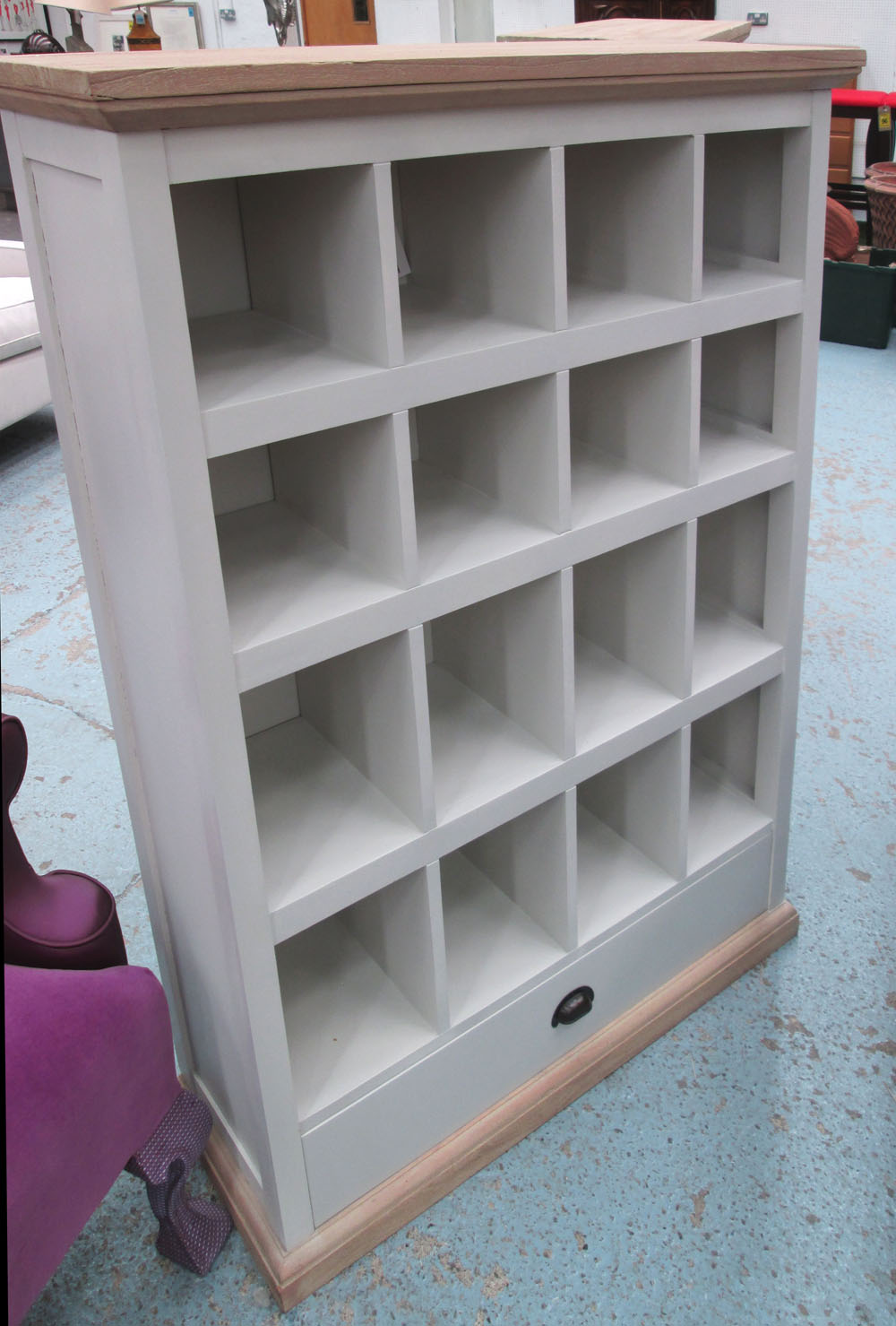 CABINET, with sixteen pigeon holes, with drawer below in grey painted finish,