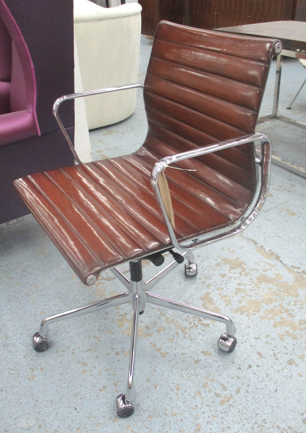 REVOLVING DESK CHAIR, Charles Eames by Vitra, ribbed tan leather,