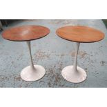 ARKANA OCCASIONAL TABLES, a pair, circular teak and white melamine, pedestal bases,