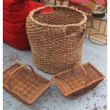 LOG BASKET, 57cm W x 63cm H and two wicker flower baskets.