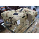 FOOTSTOOLS, a pair, equestrian design upholstery, with drawers, on turned wooden supports,