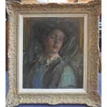 XIX CENTURY BRITISH SCHOOL, 'Portrait of lady with hat', oil on canvas, 62cm x 50.5cm, carved frame.