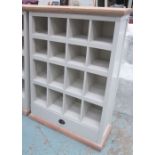 CABINET, with sixteen pigeon holes, with drawer below in grey painted finish,