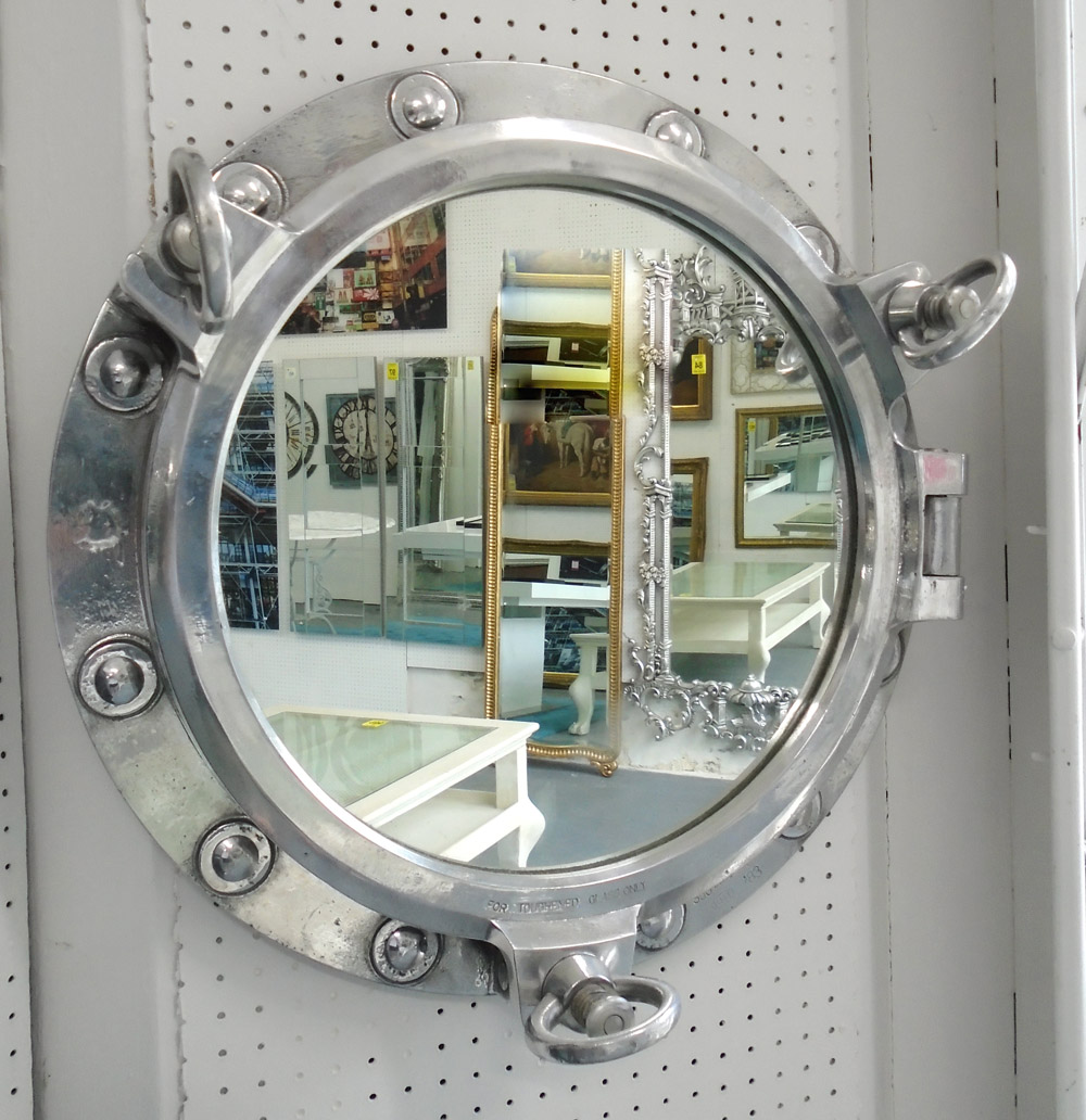 ORIGINAL LARGE SHIPS PORTHOLE, with mirror, polished aluminium metal surrounds with catches,