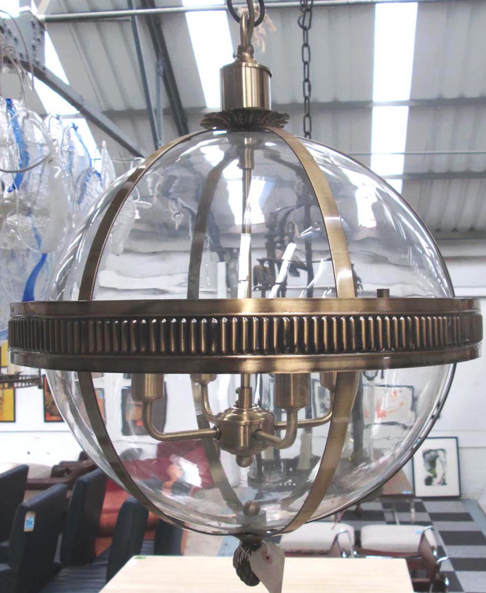 PENDANT GLOBE LIGHT, spherical form with four branches, 90cm H approx.
