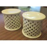 LOW TABLES, a pair, white with a circular top and trellis decoration, 46.5cm diam. x 45cm H.