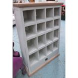 CABINET, with sixteen pigeon holes, with drawer below in grey painted finish,