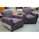 CLUB ARMCHAIRS, a pair, Art Deco re-upholstered in mauve leather with cream piping, 89cm.