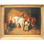 OIL ON CANVAS, equestrian style in an ornate gilded frame, 114cm x 143cm.