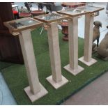 PEDESTALS, a set of four, Art Deco style with travertine columns and brass square tops,