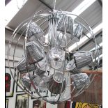 CHANDELIER, twelve branch, sphere shape in chromed metal, 90cm diam plus chain.